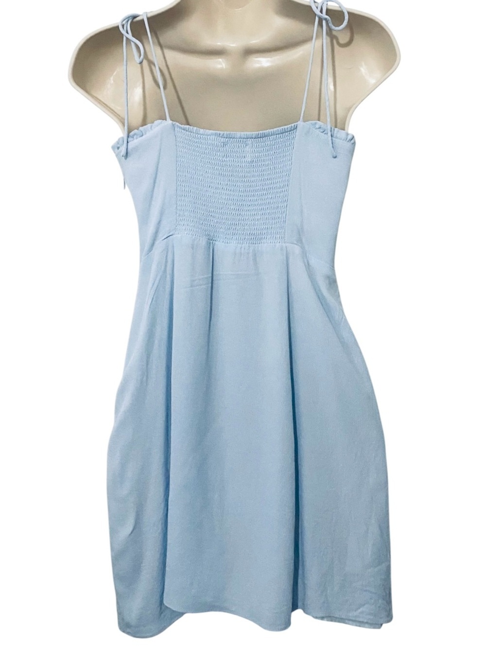 Aritzia Wilfred Fable Light Blue Corset Babydoll Smocked Mini Dress Size 8 - Picture 4 of 11